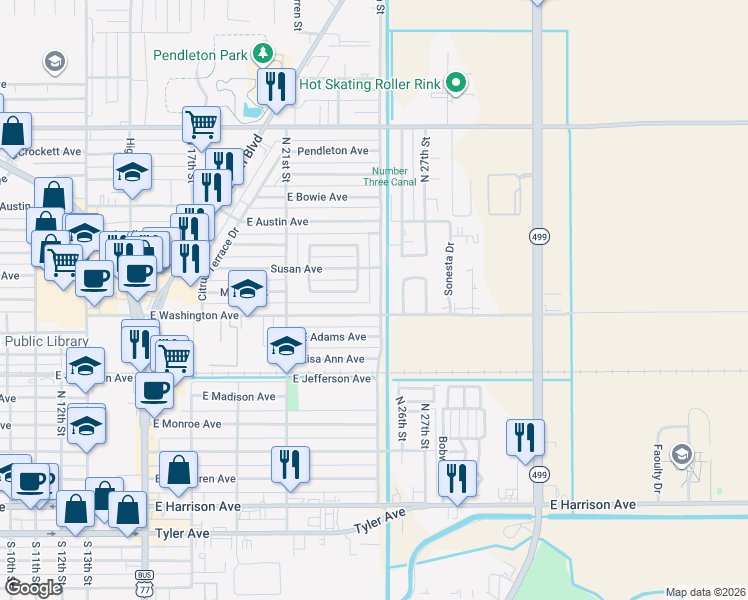 map of restaurants, bars, coffee shops, grocery stores, and more near 619 North 25th Street in Harlingen
