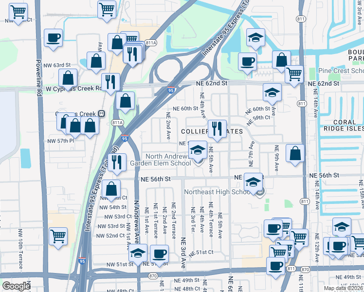 map of restaurants, bars, coffee shops, grocery stores, and more near 5800 Northeast 2nd Terrace in Fort Lauderdale