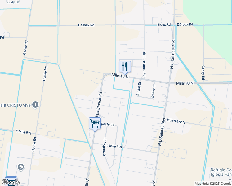 map of restaurants, bars, coffee shops, grocery stores, and more near 4366 Old La Blanca Road in Donna
