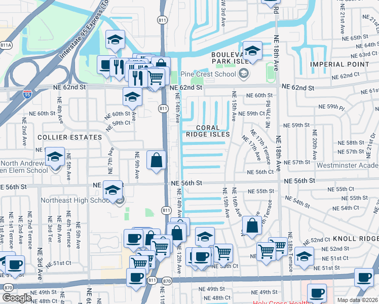 map of restaurants, bars, coffee shops, grocery stores, and more near 1412 Northeast 57th Court in Fort Lauderdale
