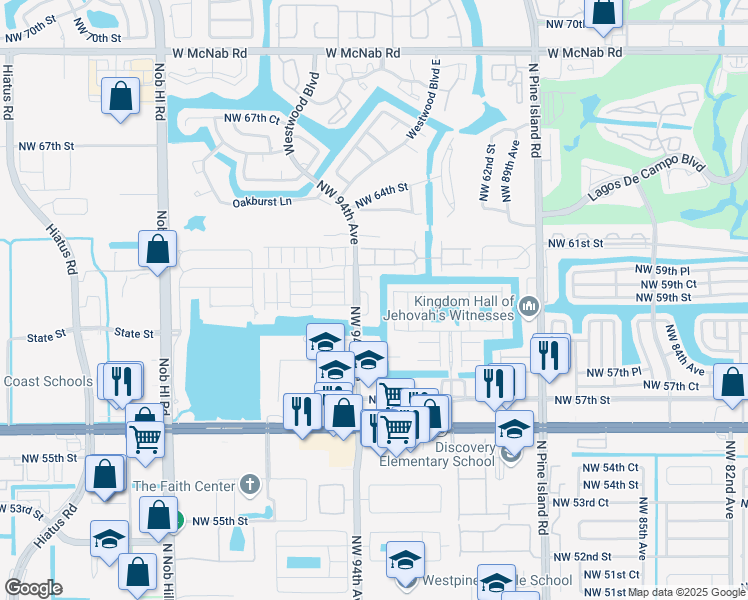 map of restaurants, bars, coffee shops, grocery stores, and more near 5946 Northwest 93rd Terrace in Tamarac