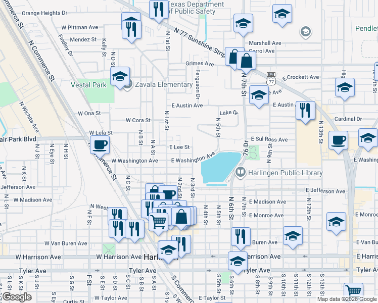 map of restaurants, bars, coffee shops, grocery stores, and more near 218 East Lee Street in Harlingen
