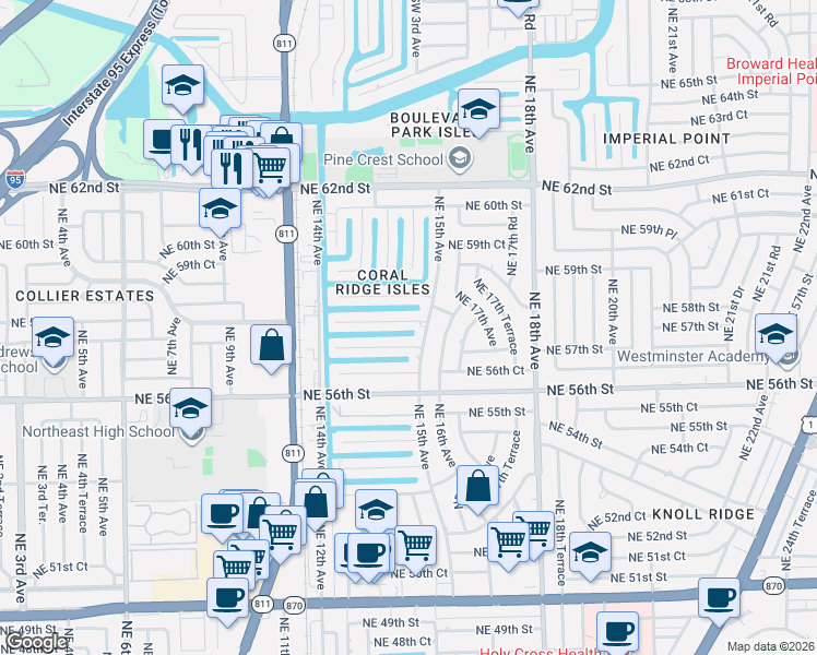map of restaurants, bars, coffee shops, grocery stores, and more near 1461 Northeast 57th Court in Fort Lauderdale