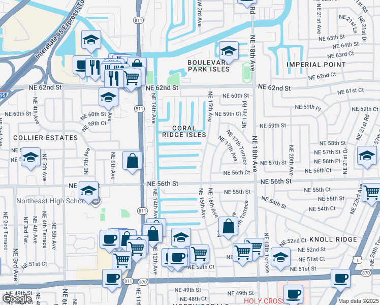 map of restaurants, bars, coffee shops, grocery stores, and more near 1461 Northeast 57th Court in Fort Lauderdale