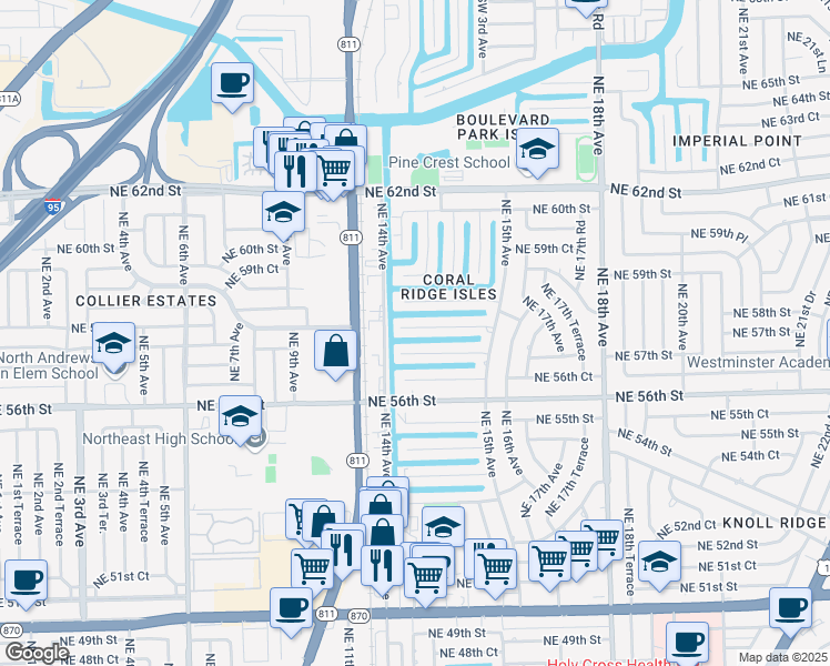 map of restaurants, bars, coffee shops, grocery stores, and more near 1419 Northeast 57th Court in Fort Lauderdale