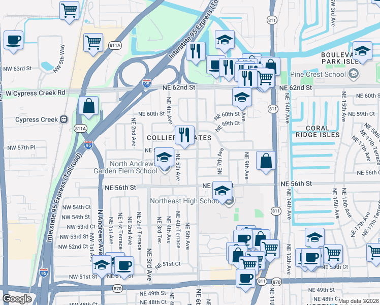 map of restaurants, bars, coffee shops, grocery stores, and more near 601 Northeast 58th Street in Fort Lauderdale