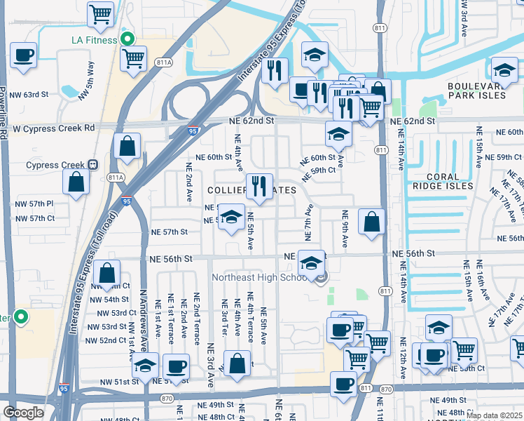 map of restaurants, bars, coffee shops, grocery stores, and more near 451 Northeast 58th Street in Fort Lauderdale