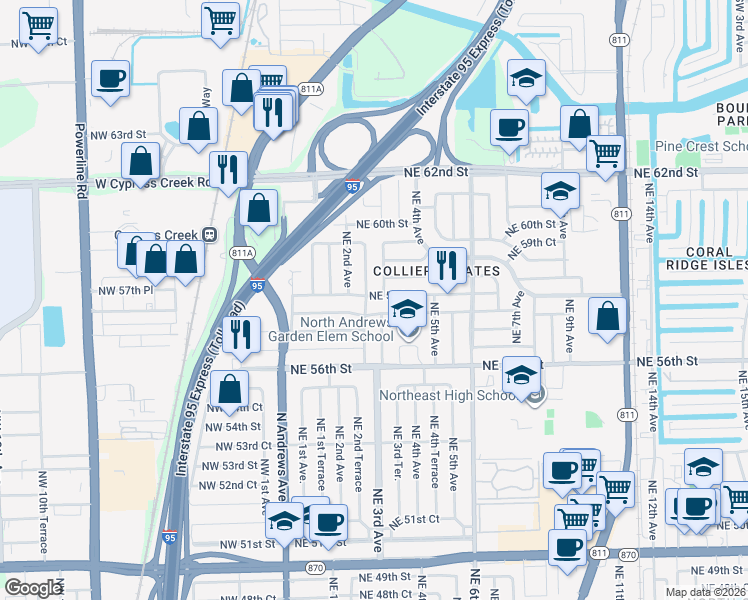 map of restaurants, bars, coffee shops, grocery stores, and more near 5800 Northeast 2nd Terrace in Fort Lauderdale