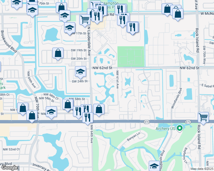 map of restaurants, bars, coffee shops, grocery stores, and more near 6051 Northwest 61st Avenue in Tamarac