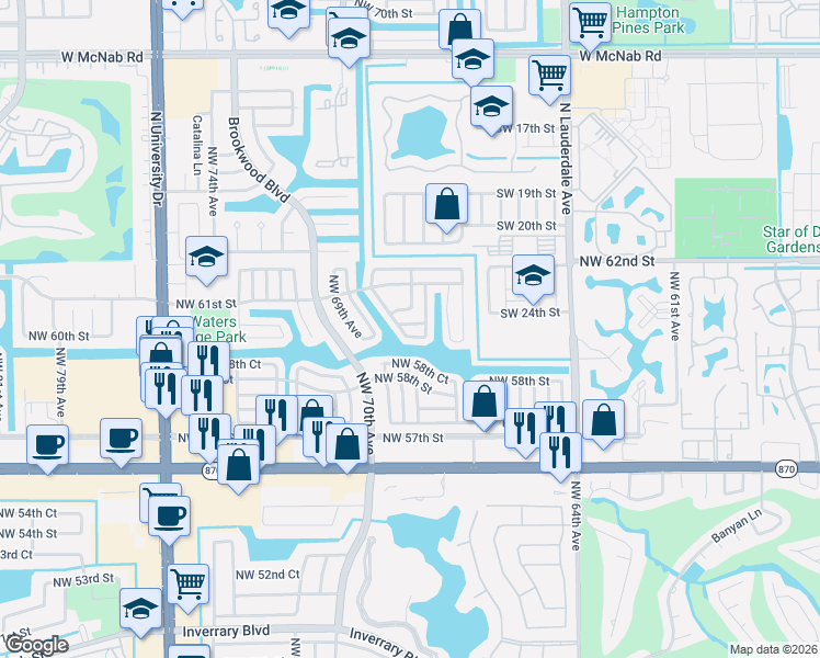map of restaurants, bars, coffee shops, grocery stores, and more near 6717 Northwest 60th Street in Tamarac
