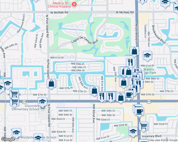 map of restaurants, bars, coffee shops, grocery stores, and more near 8207 Northwest 59th Street in Tamarac