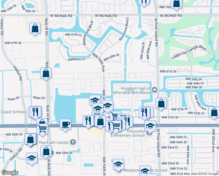 map of restaurants, bars, coffee shops, grocery stores, and more near 5946 Northwest 93rd Terrace in Tamarac