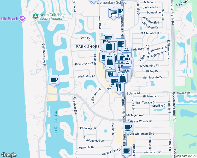 map of restaurants, bars, coffee shops, grocery stores, and more near 4126 Belair Lane in Naples
