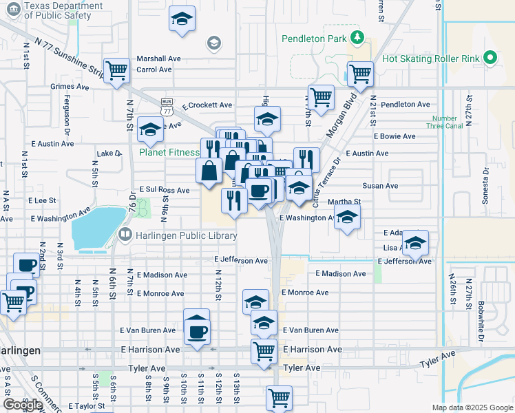 map of restaurants, bars, coffee shops, grocery stores, and more near 705 N 77 Sunshine Strip in Harlingen