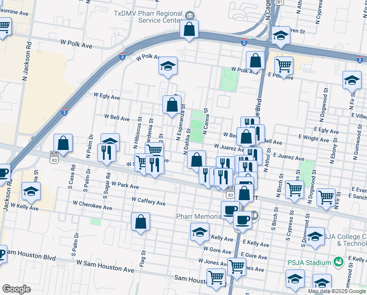 map of restaurants, bars, coffee shops, grocery stores, and more near 515 West Juarez Avenue in Pharr
