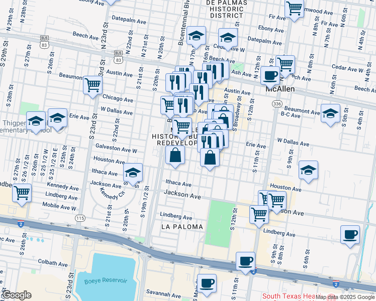 map of restaurants, bars, coffee shops, grocery stores, and more near 520 Fresno Avenue in McAllen