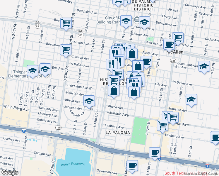 map of restaurants, bars, coffee shops, grocery stores, and more near 1717 Fresno Avenue in McAllen
