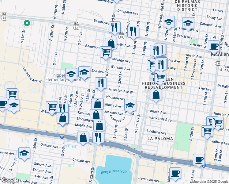 map of restaurants, bars, coffee shops, grocery stores, and more near 2231 Galveston Avenue in McAllen