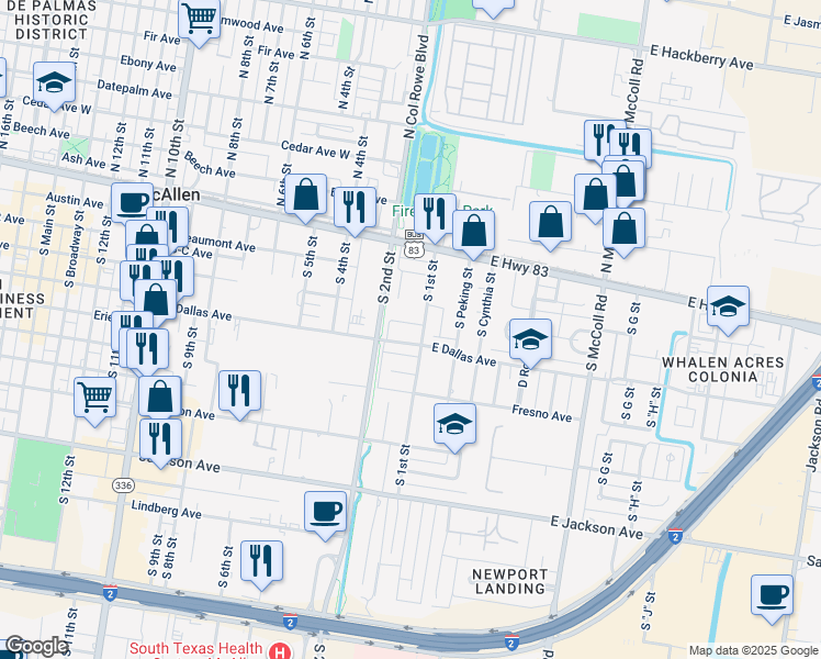 map of restaurants, bars, coffee shops, grocery stores, and more near 109 Chicago Avenue in McAllen