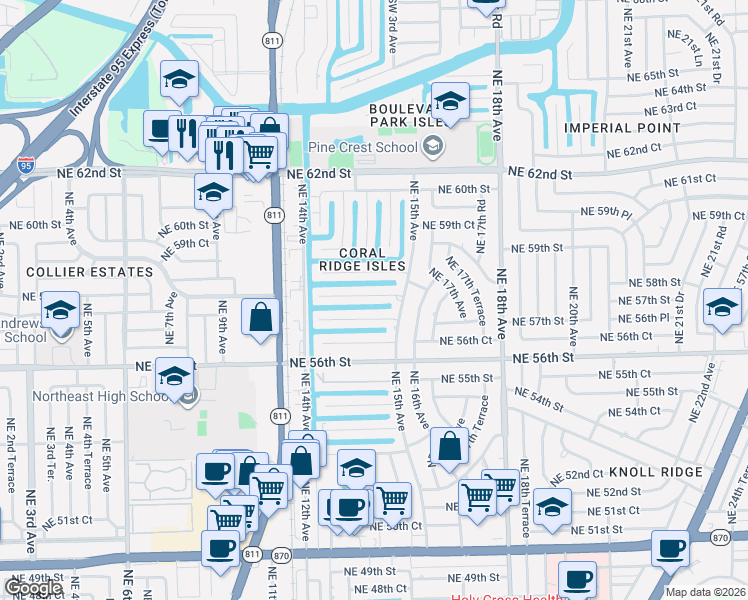 map of restaurants, bars, coffee shops, grocery stores, and more near 1461 Northeast 57th Court in Fort Lauderdale
