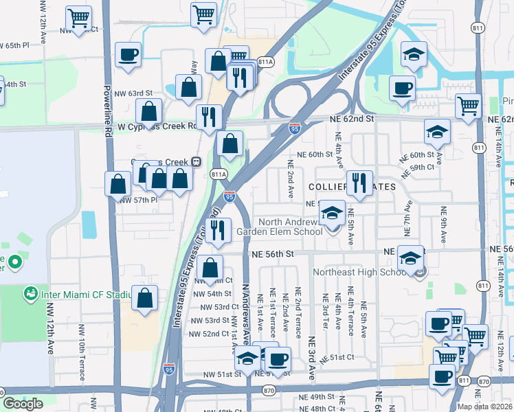map of restaurants, bars, coffee shops, grocery stores, and more near 5760 North Andrews Avenue in Oakland Park