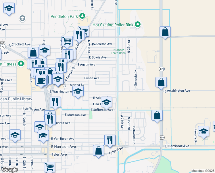 map of restaurants, bars, coffee shops, grocery stores, and more near 2316 South Whitehouse Circle in Harlingen