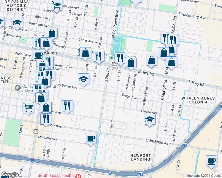 map of restaurants, bars, coffee shops, grocery stores, and more near 129 Chicago Avenue in McAllen