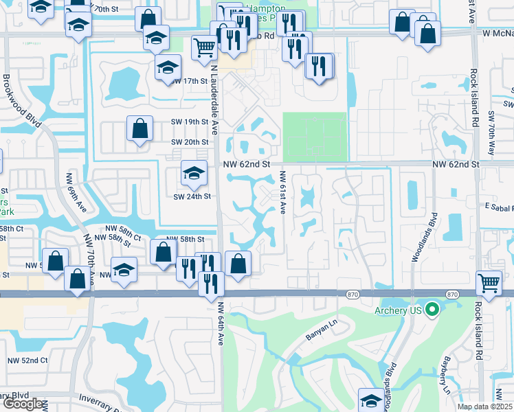 map of restaurants, bars, coffee shops, grocery stores, and more near 6051 Northwest 61st Avenue in Tamarac