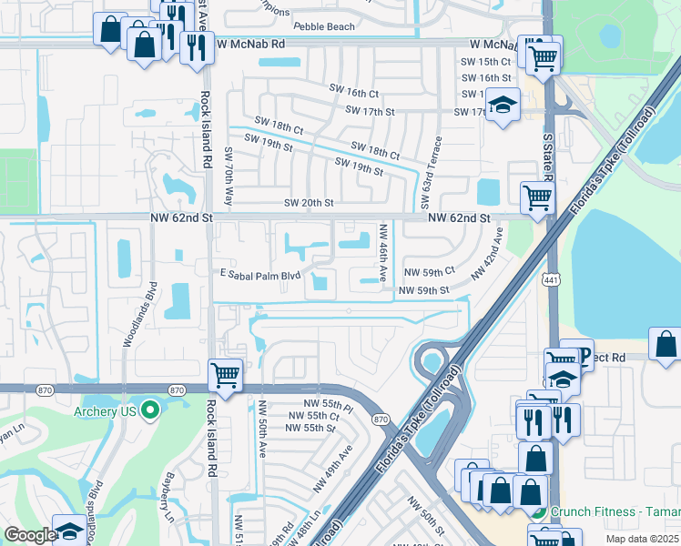 map of restaurants, bars, coffee shops, grocery stores, and more near 5881 Northwest 46th Avenue in Tamarac