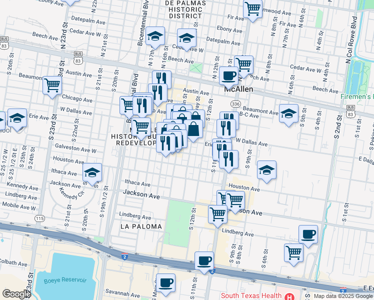 map of restaurants, bars, coffee shops, grocery stores, and more near 513 South Main Street in McAllen