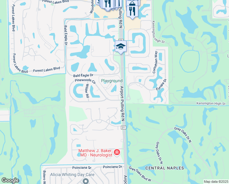 map of restaurants, bars, coffee shops, grocery stores, and more near 1600 Misty Pines Circle in Naples