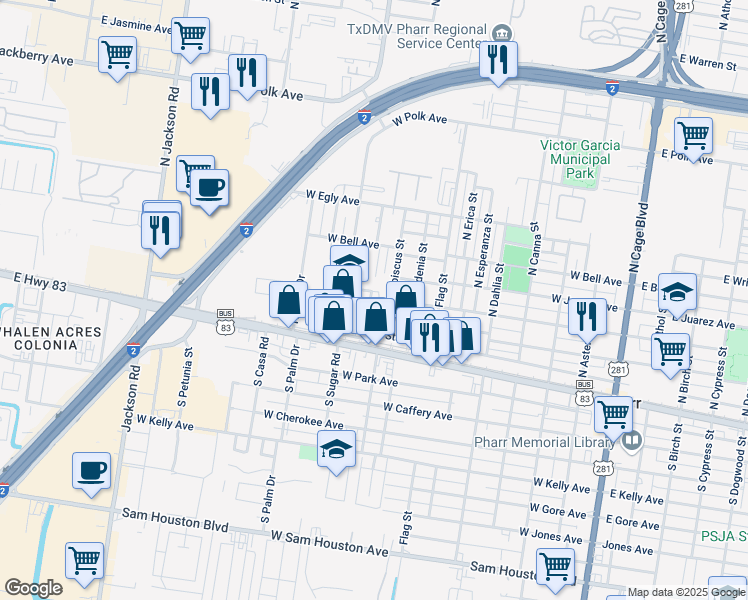 map of restaurants, bars, coffee shops, grocery stores, and more near 210 North Iris Street in Pharr