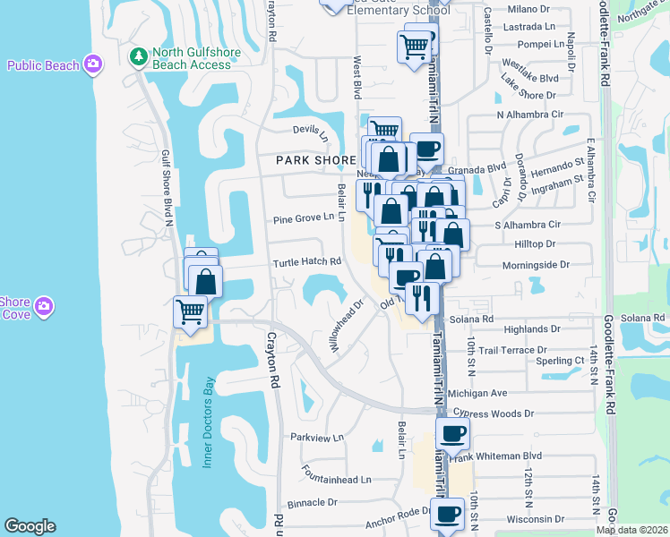 map of restaurants, bars, coffee shops, grocery stores, and more near 530 Turtle Hatch Road in Naples