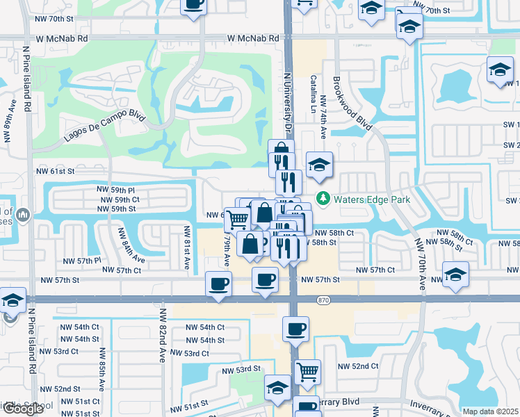 map of restaurants, bars, coffee shops, grocery stores, and more near 6017 Northwest 77th Avenue in Tamarac
