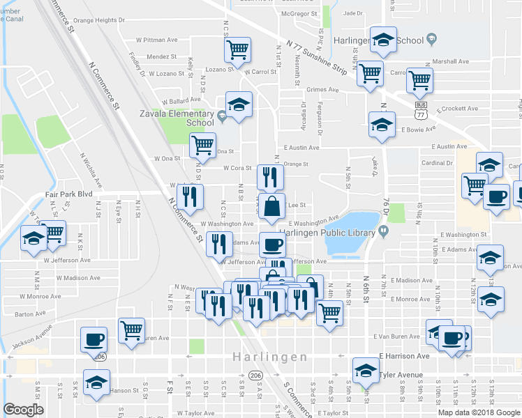 map of restaurants, bars, coffee shops, grocery stores, and more near 117 West Lee Street in Harlingen