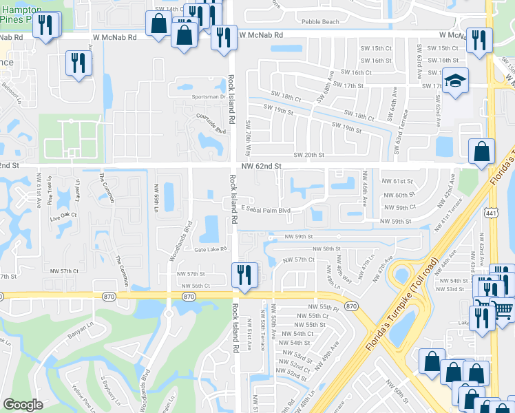 map of restaurants, bars, coffee shops, grocery stores, and more near 5155 East Sabal Palm Boulevard in Tamarac
