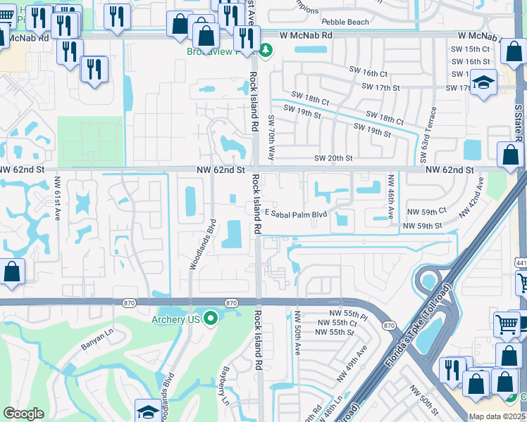 map of restaurants, bars, coffee shops, grocery stores, and more near 6197 Rock Island Road in Tamarac