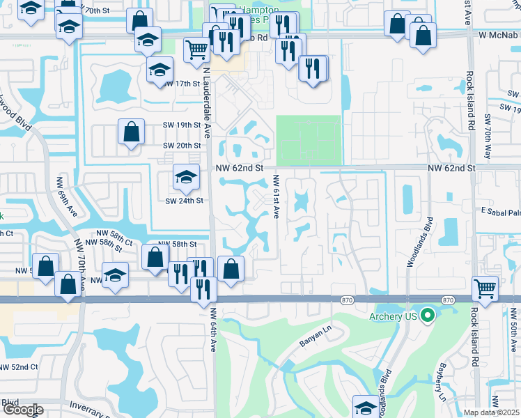 map of restaurants, bars, coffee shops, grocery stores, and more near 6051 Northwest 61st Avenue in Tamarac