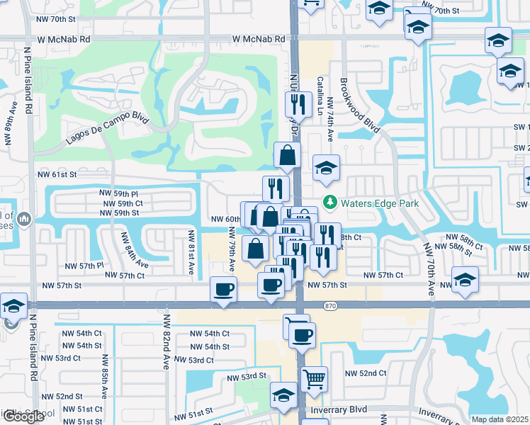 map of restaurants, bars, coffee shops, grocery stores, and more near 6017 Northwest 77th Avenue in Tamarac