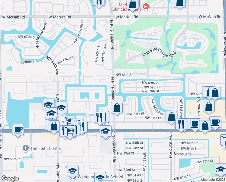 map of restaurants, bars, coffee shops, grocery stores, and more near 5960 Northwest 88th Avenue in Tamarac