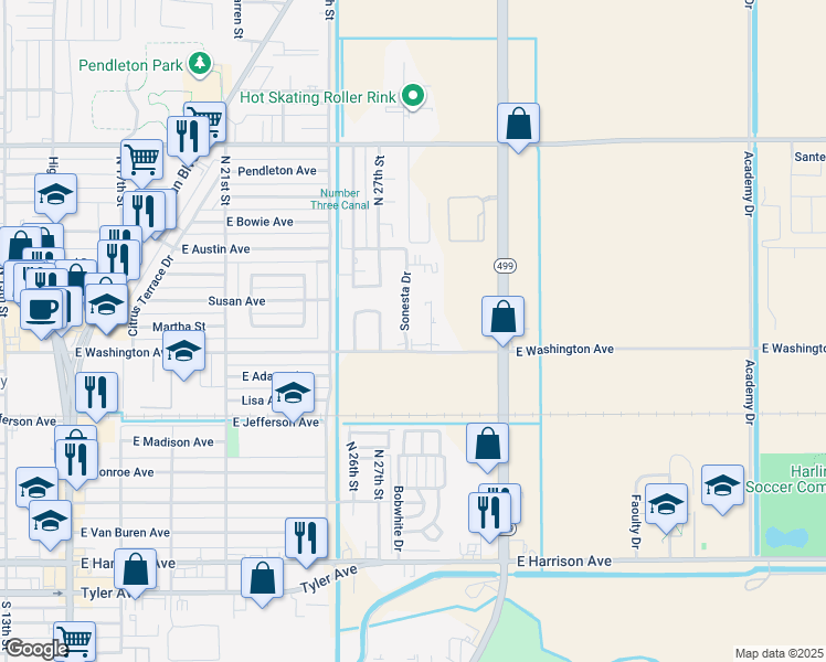 map of restaurants, bars, coffee shops, grocery stores, and more near 718 Sonesta Drive in Harlingen