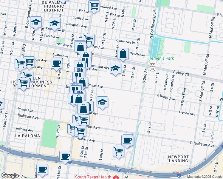 map of restaurants, bars, coffee shops, grocery stores, and more near 609 West Dallas Avenue in McAllen