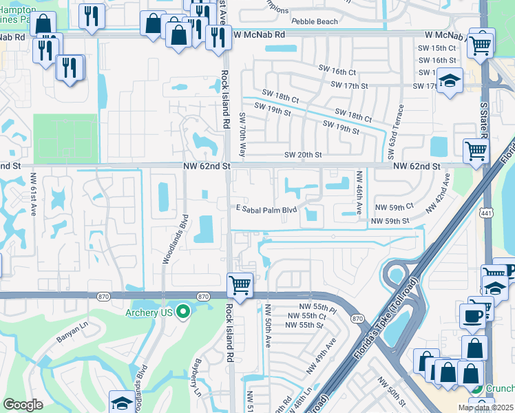 map of restaurants, bars, coffee shops, grocery stores, and more near 5155 East Sabal Palm Boulevard in Tamarac