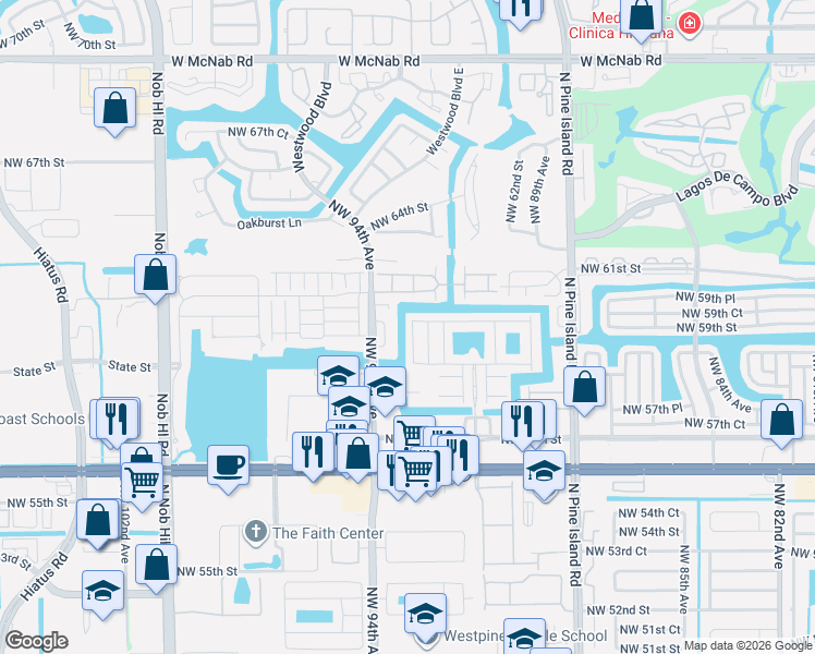 map of restaurants, bars, coffee shops, grocery stores, and more near 5946 Northwest 93rd Terrace in Tamarac