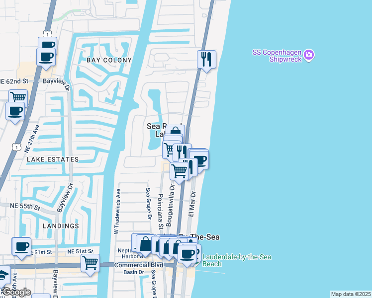 map of restaurants, bars, coffee shops, grocery stores, and more near 4723 North Ocean Drive in Lauderdale-by-the-Sea