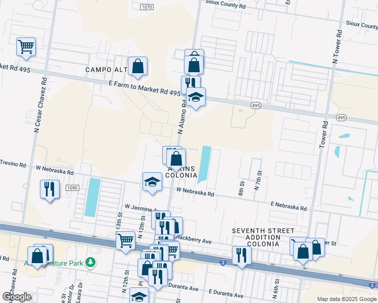 map of restaurants, bars, coffee shops, grocery stores, and more near 1035 Medina Drive Service Road in Alamo