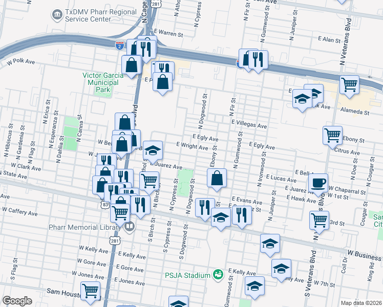 map of restaurants, bars, coffee shops, grocery stores, and more near 421 East Bell Avenue in Pharr