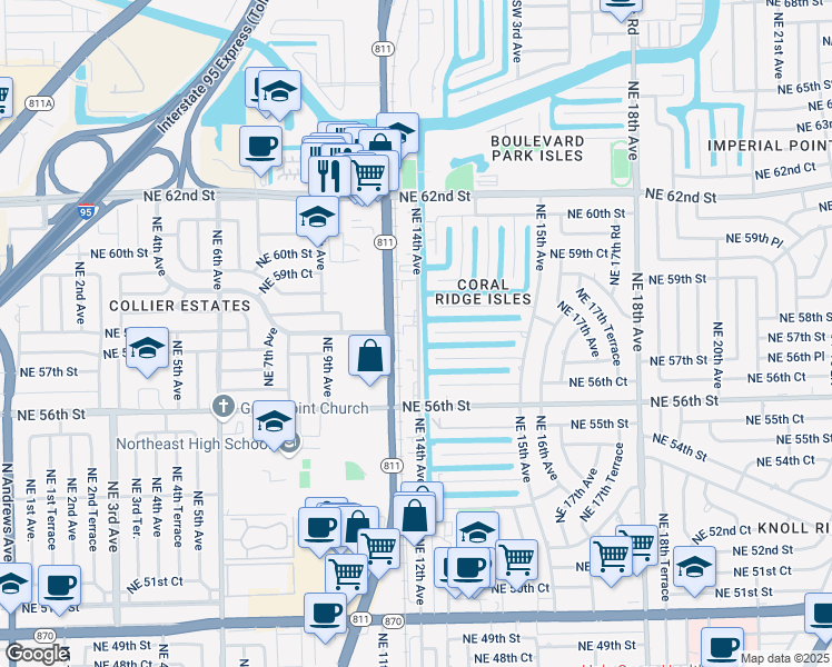 map of restaurants, bars, coffee shops, grocery stores, and more near 5721 Northeast 14th Avenue in Fort Lauderdale