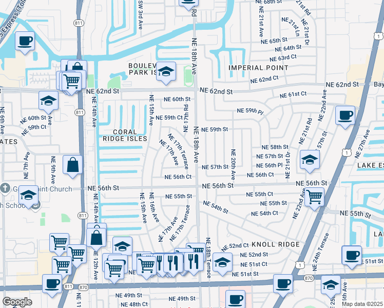 map of restaurants, bars, coffee shops, grocery stores, and more near 5731 Northeast 18th Avenue in Fort Lauderdale