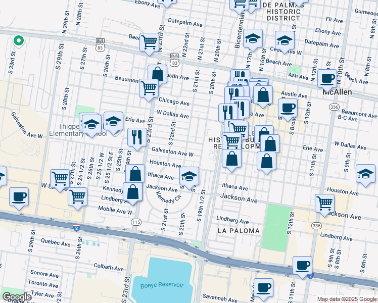 map of restaurants, bars, coffee shops, grocery stores, and more near 2034 Galveston Avenue in McAllen